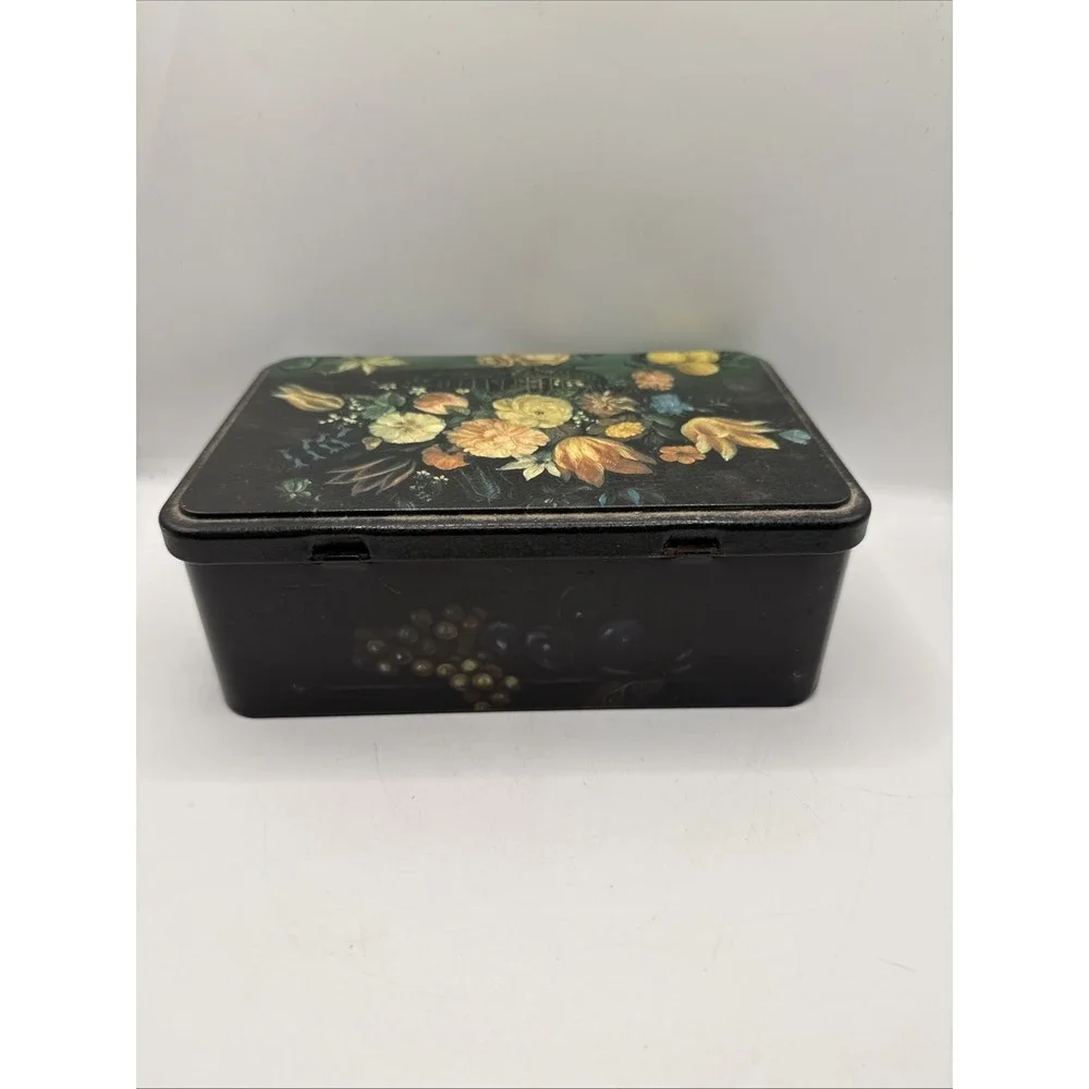 Massilly France Decorative Collectible Tin w/Hinged Lid Black w/Flowers & Fruit